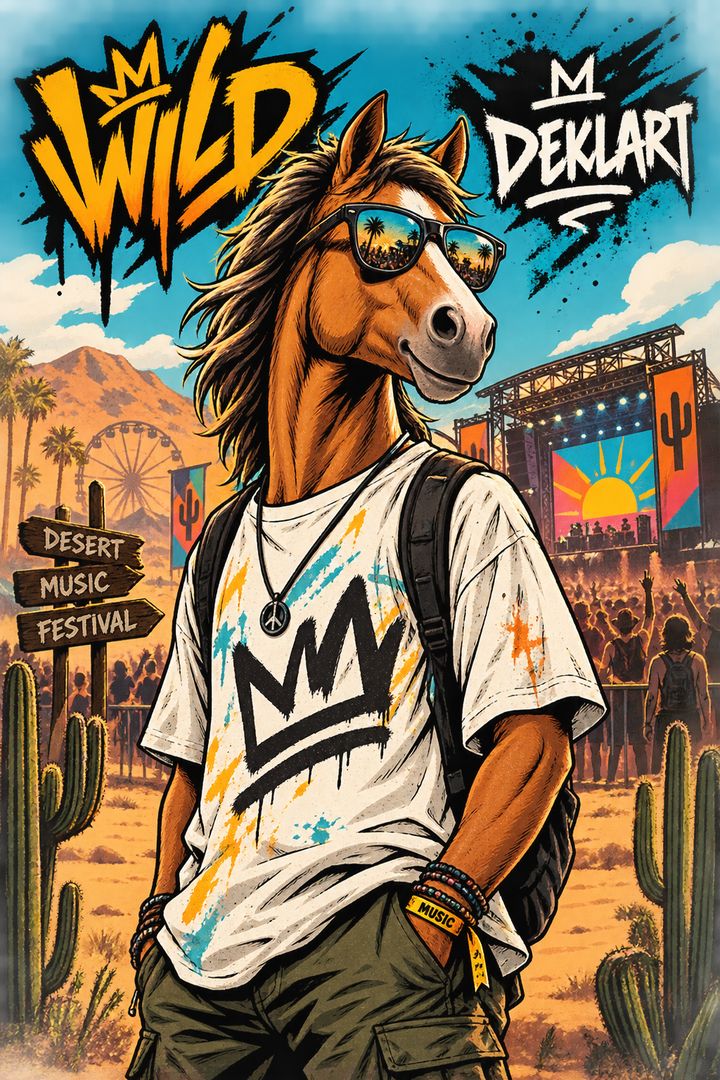 Horse with sunglasses at a desert music festival